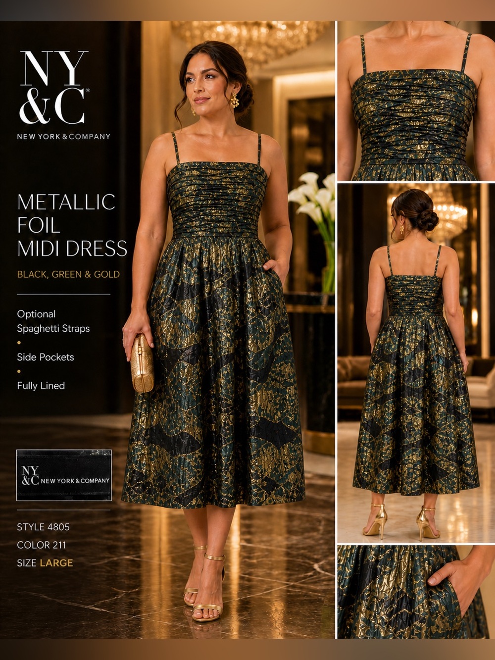 New York & Company Metallic Foil Midi Dress in Black, Green & Gold